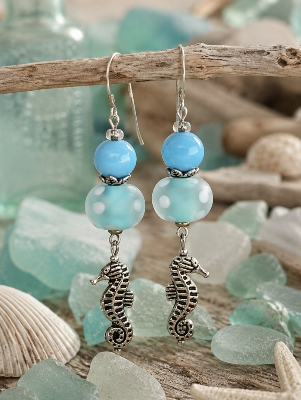 Silver Seahorse Earrings Seaglass Coastal Treasures Artisan Jewelry Handcrafted